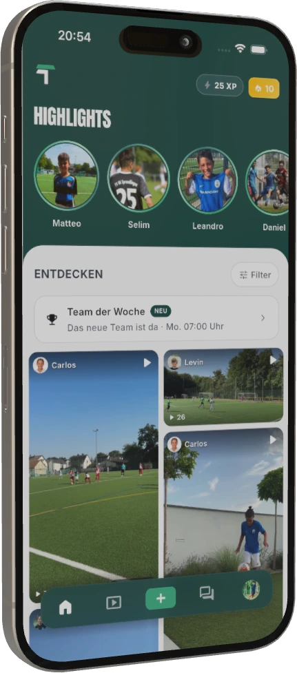 Highlights-Feed der TalentOne App mit Team der Woche und Clips aus der Region